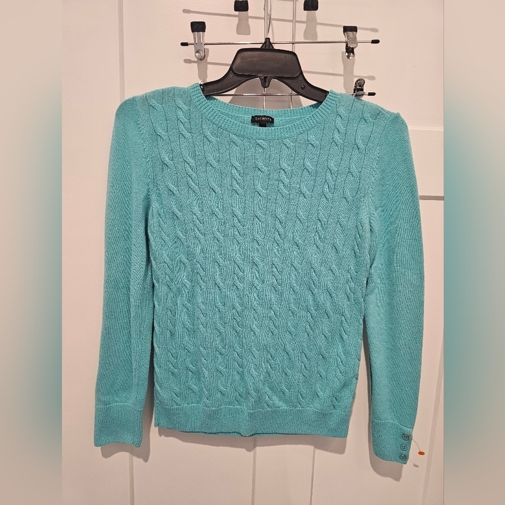 Talbots Cable Knit Sweater Large Aqua Blue Button Cuff Pullover Classic Fit